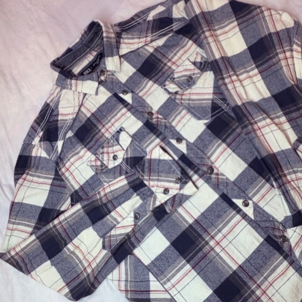 BKE Mens Athletic Fit Plaid Button Down Snap‎ Shirt Navy White Red Large B2696